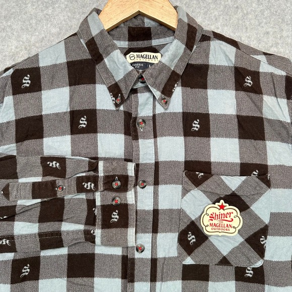 Magellan Outdoors Shiner Classic Fit Plaid Flannel Shirt Men's Size L Brown Blue - Picture 1 of 10